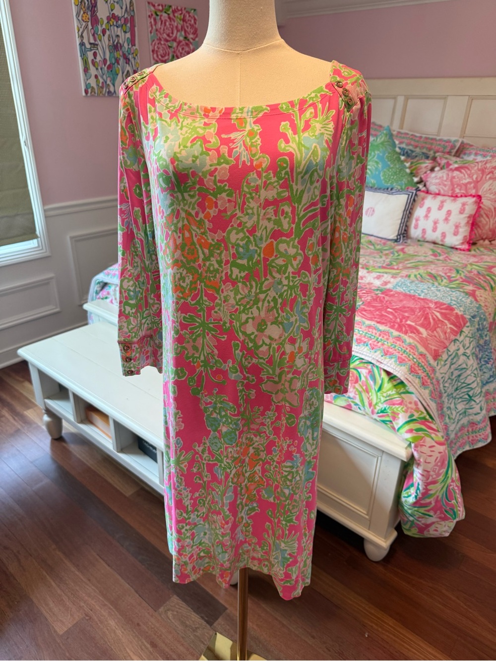 Lilly Pulitzer Pink Floral Shift Dress with Green Accents